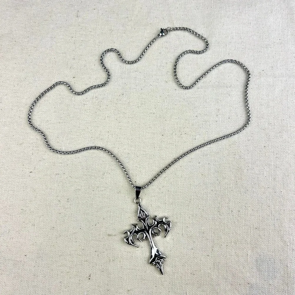 Vintage Y2K silver cross opium cyber punk style necklace emo goth
